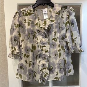 CAbi gray and green Ruffled Blouse with Peter Pan Collar